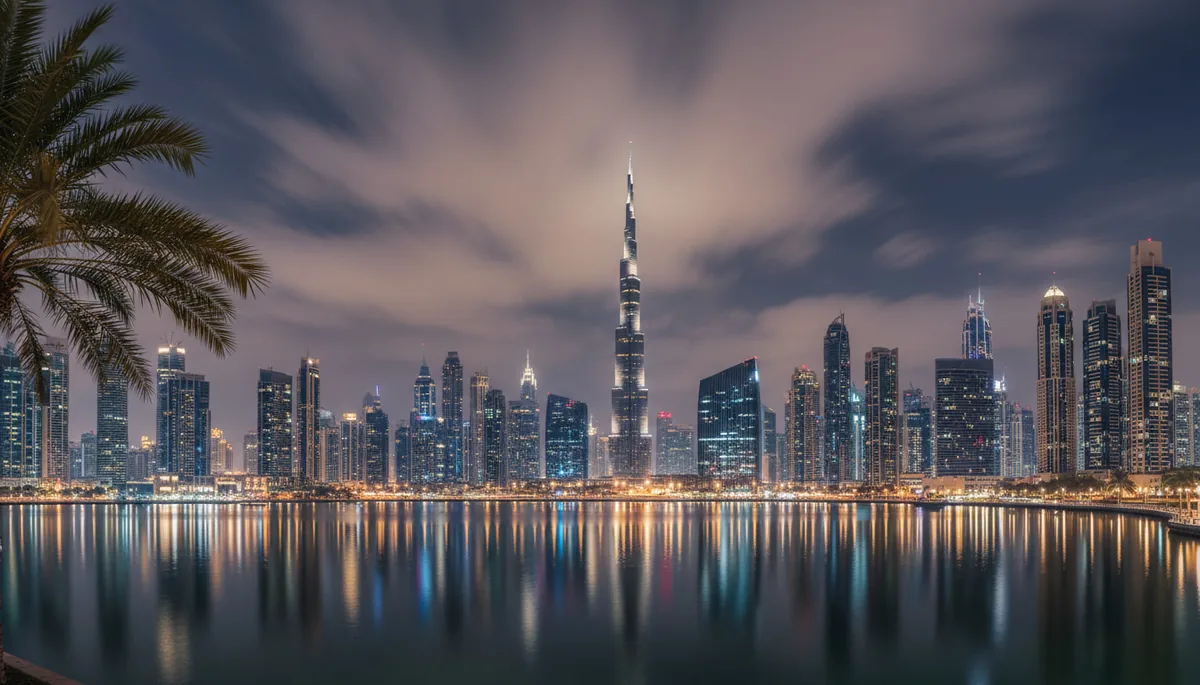 Dubai skyline at night with Burj Khalifa reflected in water