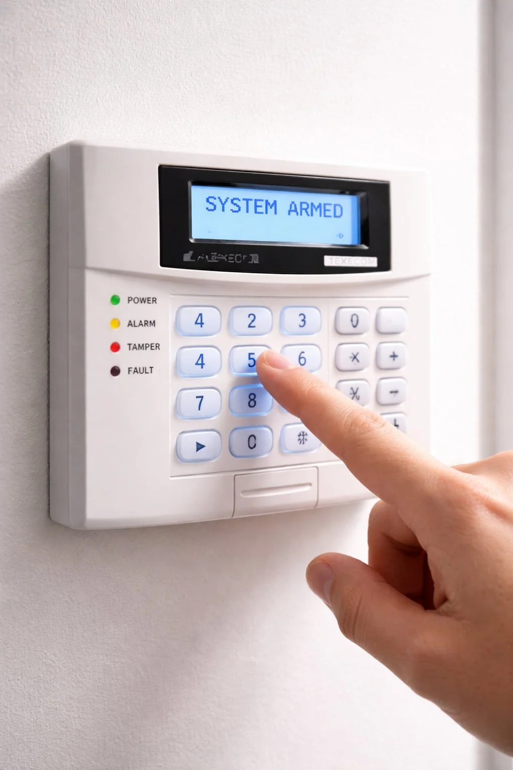 Intruder alarm keypad showing system armed on illuminated display