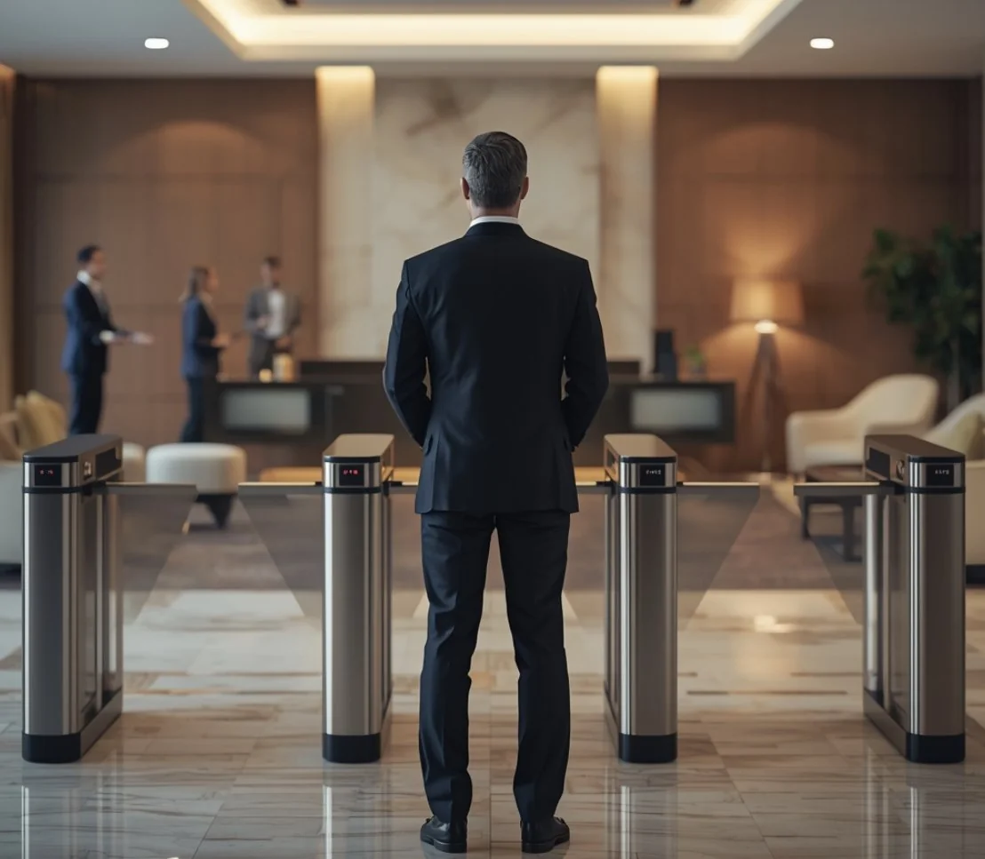 Manned security guard standing at commercial building entrance lobby