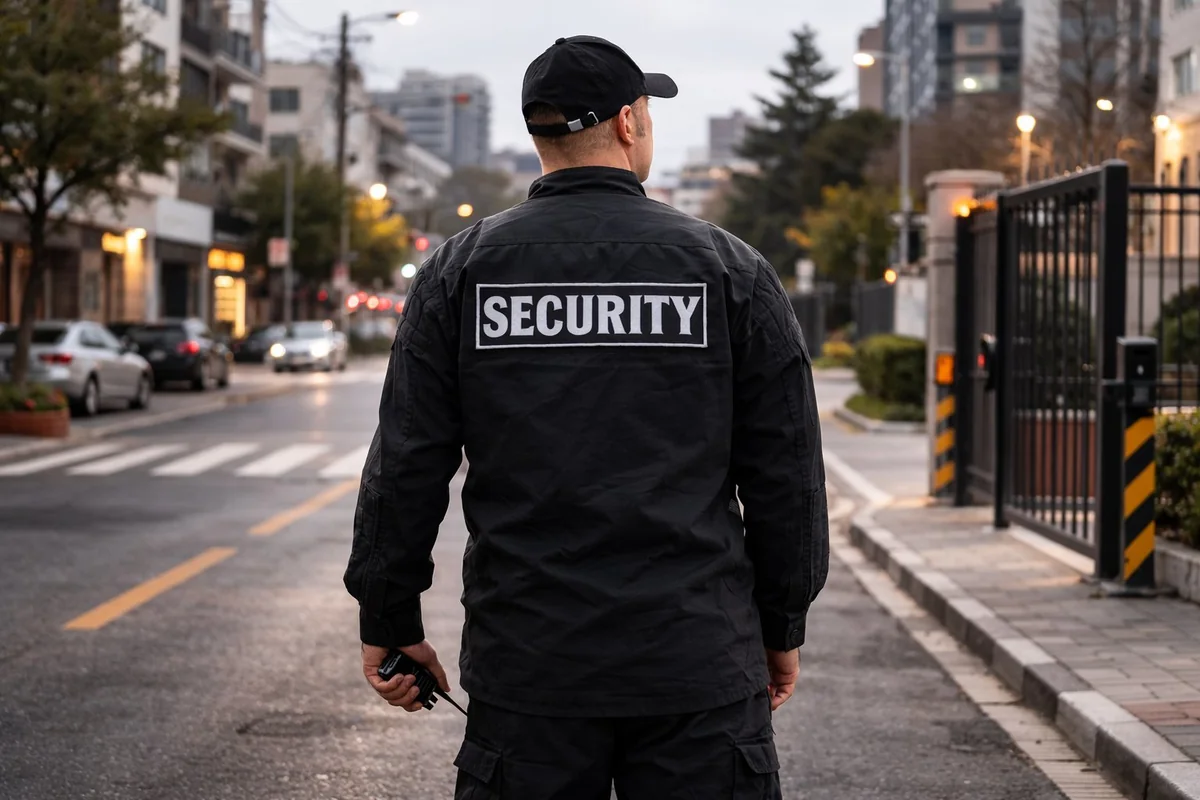 Mobile security patrol officer on duty at night