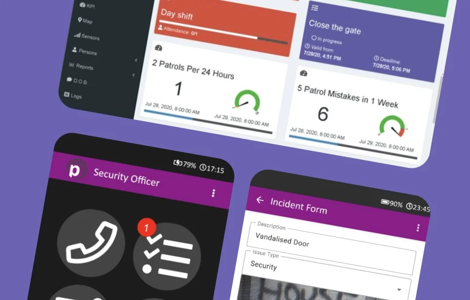 Security officer patrolling app dashboard showing real-time patrol data